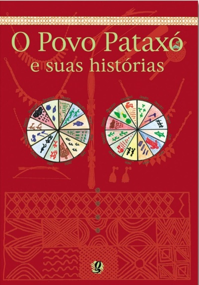 Capa de livro vermelha com título O Povo Pataxó e suas histórias e padrões coloridos