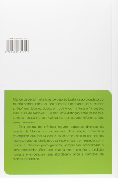 Contracapa de livro com texto sobre Clarice Lispector e código de barras