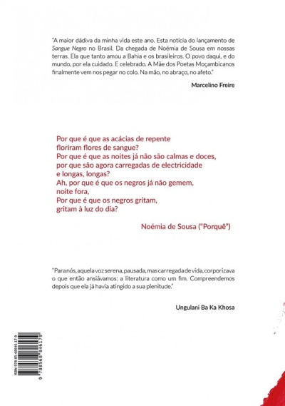 Página com textos em português, incluindo citações de Marcelino Freire, Noémia de Sousa e Ungulani Ba Ka Khosa, código de barras e borda vermelha