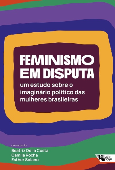 Capa de livro colorida com texto relacionado ao feminismo em português.