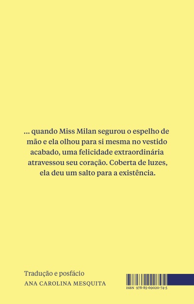 Verso de livro amarelo com texto em português e código de barras