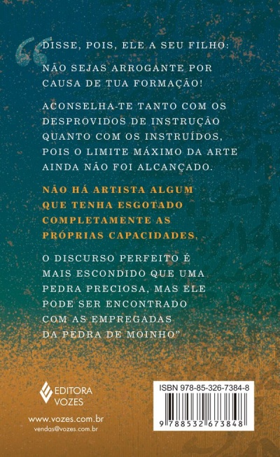 Contracapa de livro com texto em português, fundo azul e laranja, código de barras e logótipo da Editora Vozes.