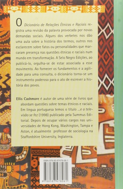 Contracapa de livro com texto em português e padrões tribais coloridos