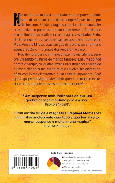 Verso de livro com texto em português e elemento gráfico colorido em fundo laranja e amarelo
