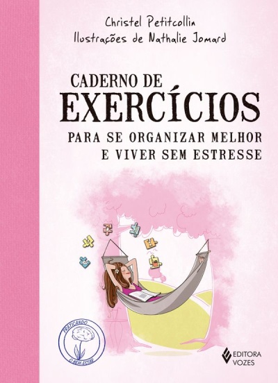 Capa de livro rosa com mulher deitada numa rede e texto sobre organização e estresse