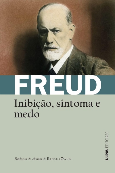 Capa de livro com foto de Sigmund Freud e texto sobre inibição, sintoma e medo