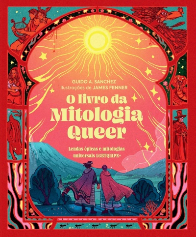 Capa de livro o livro da Mitologia Queer com ilustrações coloridas e texto em amarelo