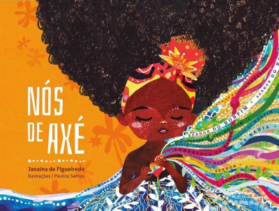 Capa de livro ilustrada com menina de cabelo afro e faixas coloridas saindo de objeto