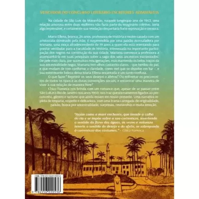 Contracapa de livro amarelo com ilustração castanha de palmeiras e casas coloniais mais texto em português
