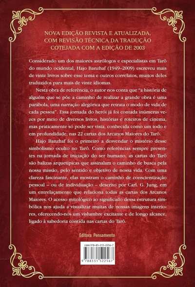 Contra-capa de livro com texto em português sobre tarot, fundo vermelho texturizado e borda dourada.