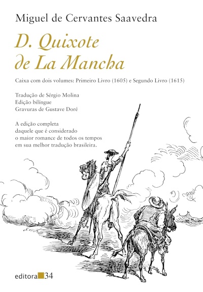 Capa do livro D. Quixote de La Mancha de Miguel de Cervantes Saavedra com ilustração a preto e branco de dois cavaleiros a cavalo.