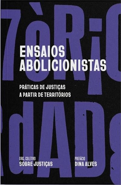Capa de livro Ensaios Abolicionistas com texto em branco sobre fundo preto e letras roxas grandes