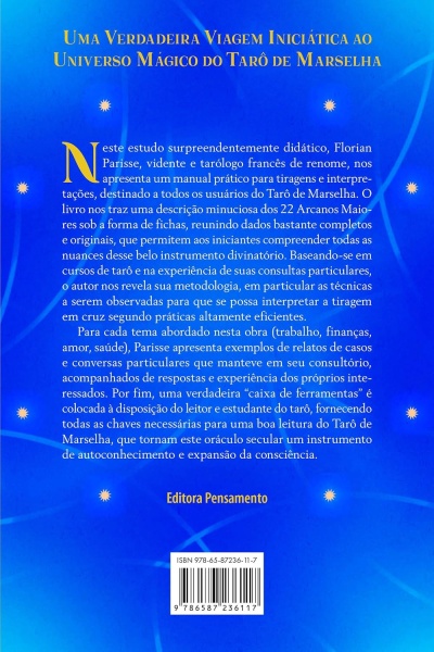 Contracapa azul de livro sobre Tarô de Marselha com texto descritivo e código ISBN