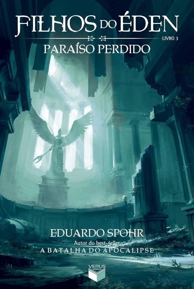 Capa de livro com estátua de anjo e arquitetura antiga em tons verdes