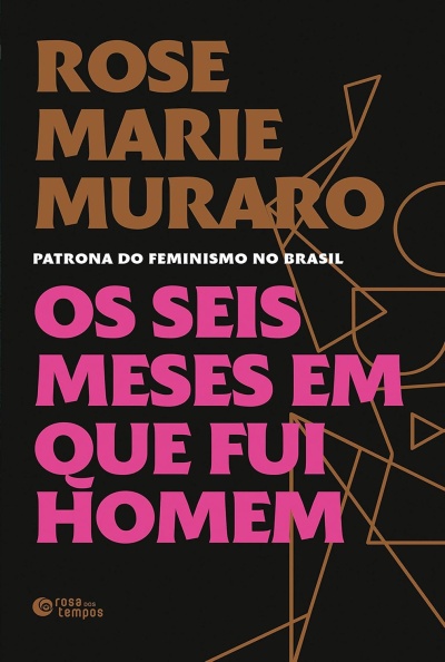 Capa preta de livro com texto em castanho, branco e rosa e linhas geométricas castanhas