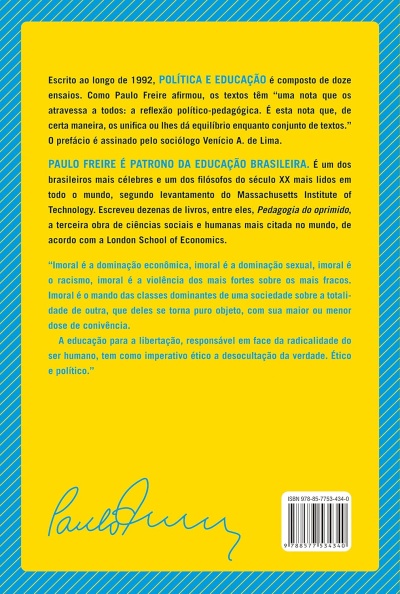 Capa traseira de livro amarelo com texto em português e borda azul listrada, código de barras e assinatura azul.