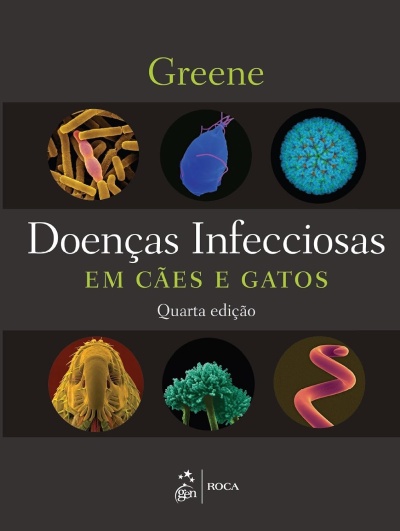 Capa de livro sobre doenças infecciosas em cães e gatos com imagens de microrganismos.