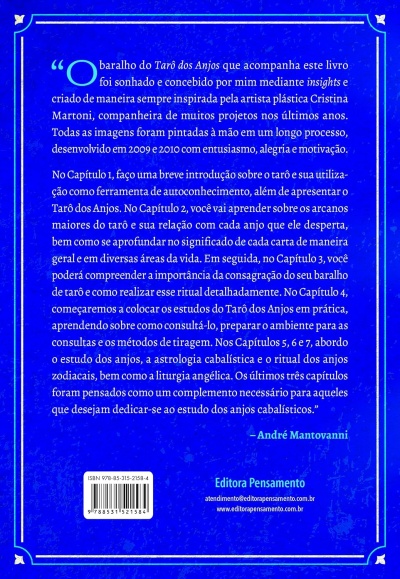 Contracapa de livro azul com texto sobre o Tarô dos Anjos e código de barras.