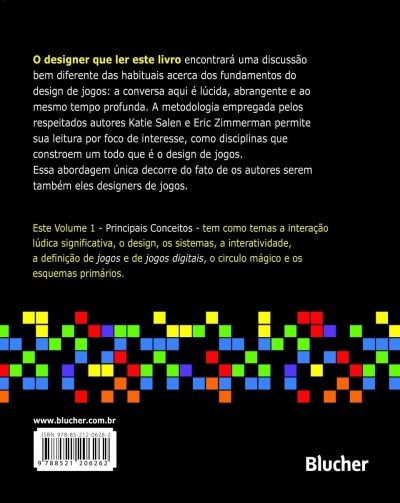 Capa traseira de livro com texto em português, padrão pixelizado colorido, código de barras e logo Blucher