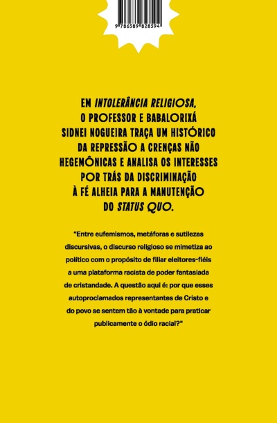 Verso de livro amarelo com texto em preto sobre intolerância religiosa e código de barras no topo