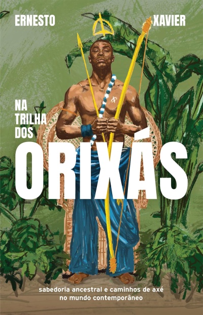 Livro com ilustração de homem com varas amarelas e tecido azul sentado em cadeira de vime