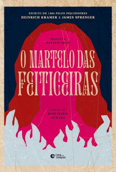 Capa do livro O Martelo das Feiticeiras com fundo azul e rosa, texto em destaque e elementos gráficos abstratos.