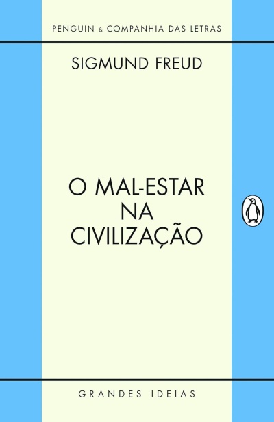 Capa do livro O MAL-ESTAR NA CIVILIZAÇÃO de Sigmund Freud com design azul e branco e logótipo do pinguim.