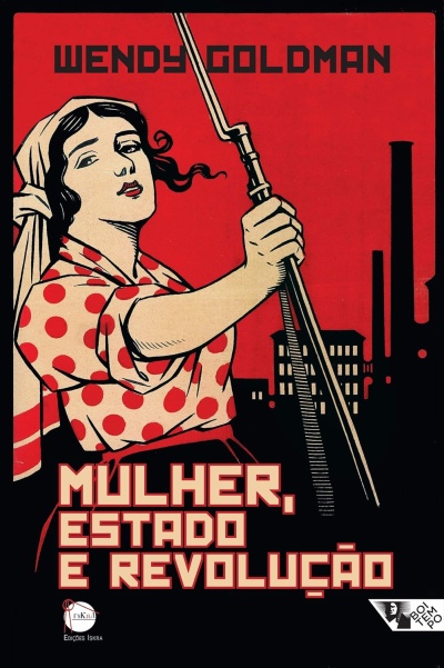 Capa de livro com mulher segurando objeto, fundo vermelho e fábricas pretas