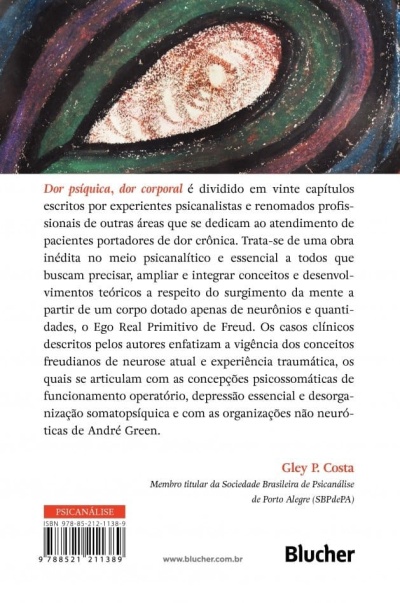 Contra-capa de livro com texto, imagem abstrata colorida e logótipo da editora Blucher