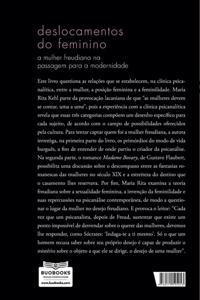 Capa traseira de livro com texto em cor branca e rosa sobre fundo preto, resumo e selo da editora BUOBOOKS.