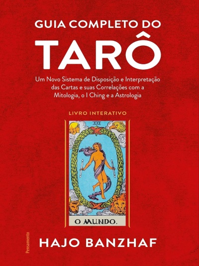 Capa vermelha de livro do tarô com carta O MUNDO e texto branco e amarelo.