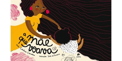 Ilustração colorida de mãe e filho com texto do título e autores em português