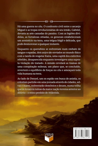 Contracapa de livro com texto em português e paisagem artística em tons castanhos e amarelos.
