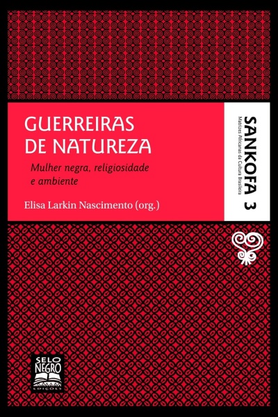 Capa de livro vermelha e preta com padrão e texto do título Guerreiras de Natureza