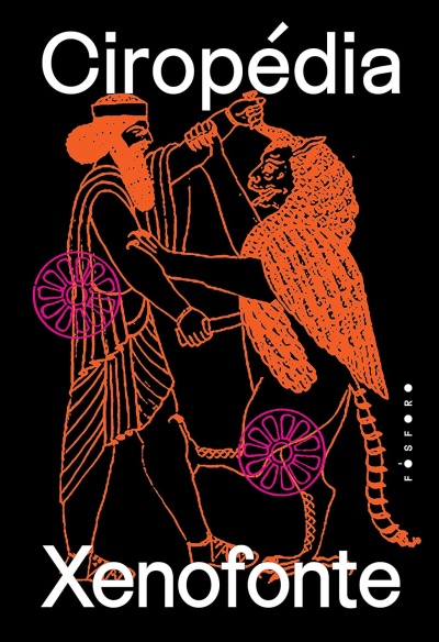 Capa de livro preta com ilustração laranja e texto branco Ciropédia Xenofonte