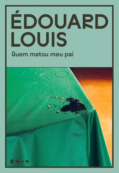Capa de livro ou revista com texto e imagem de tecido verde manchado sobre superfície de madeira.