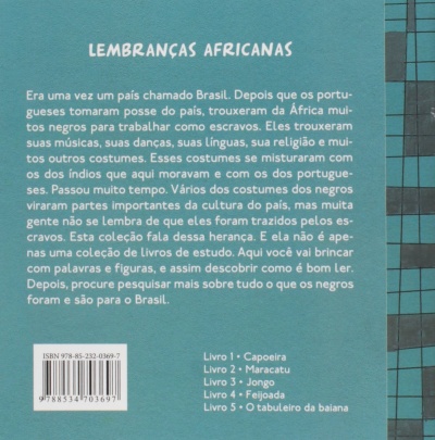 Capa traseira de livro azul com texto sobre cultura africana no Brasil e lista de cinco livros