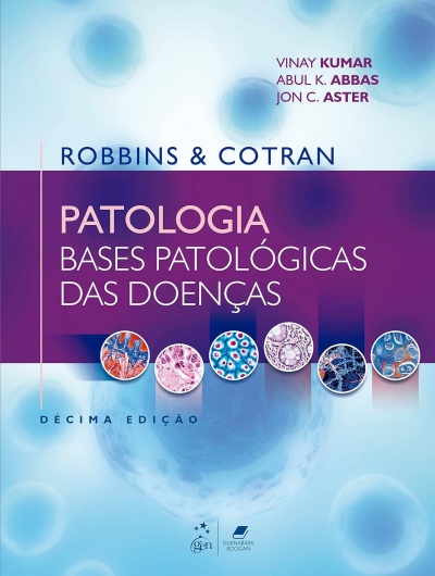 Capa de livro azul claro e roxo com texto de patologia e imagens microscópicas