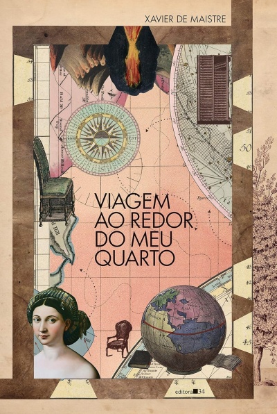 Capa de livro vintage com globo, bússola e retrato de mulher