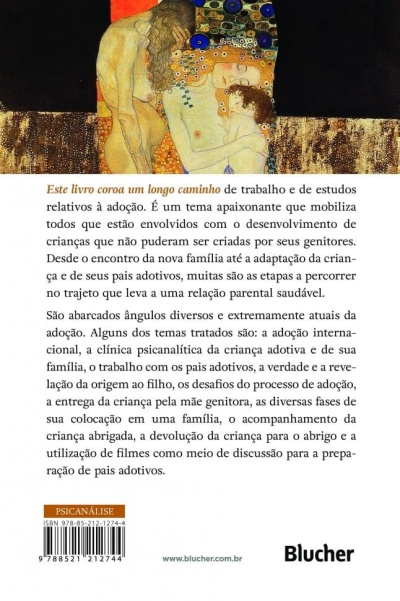 Parte de trás de livro sobre adoção com texto explicativo, arte de Klimt, código ISBN e logótipo Blucher.