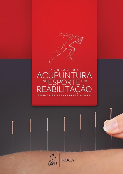 Capa de livro vermelho com texto sobre acupuntura e agulhas inseridas na pele