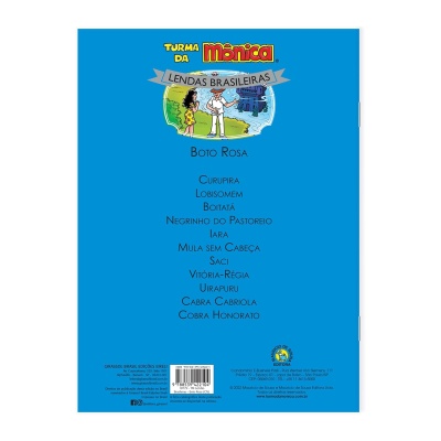 Capa azul do livro Turma da Mônica Lendas Brasileiras com texto e ilustração