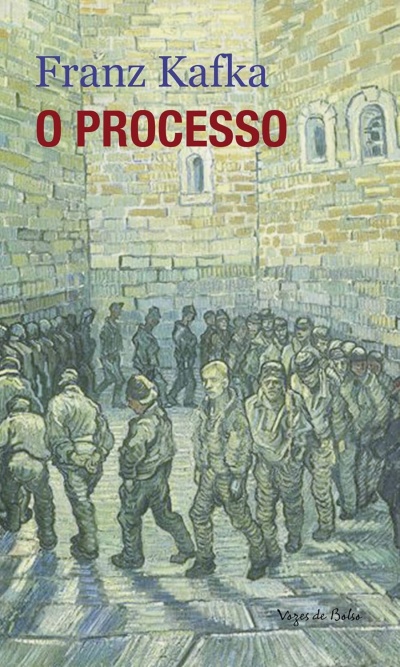 Capa do livro O PROCESSO de Franz Kafka com ilustração de pessoas num pátio de pedra