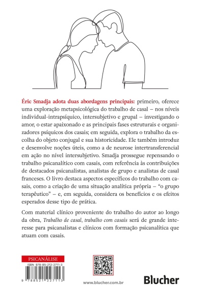 Parte traseira de livro com ilustração de casal em linha e texto em português