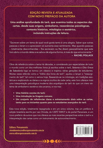 Capa traseira de livro roxa com texto descritivo em português sobre tarô e código de barras.