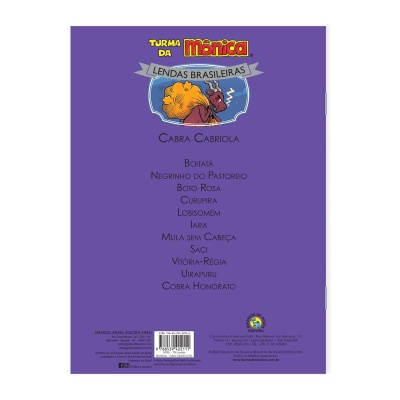 Capa de trás do livro Turma da Mônica Lendas Brasileiras com ilustração e lista de lendas brasileiras