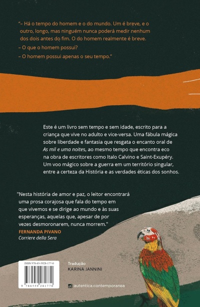 Contracapa de livro com texto em português e ilustração de papagaio colorido