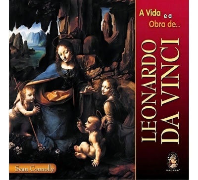 Capa de livro com pintura renascentista e texto sobre Leonardo da Vinci