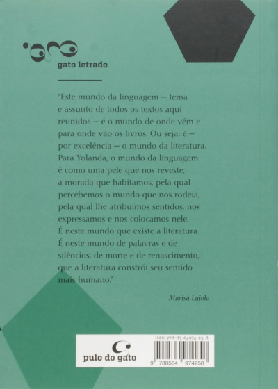 Verso de livro verde com texto e código de barras