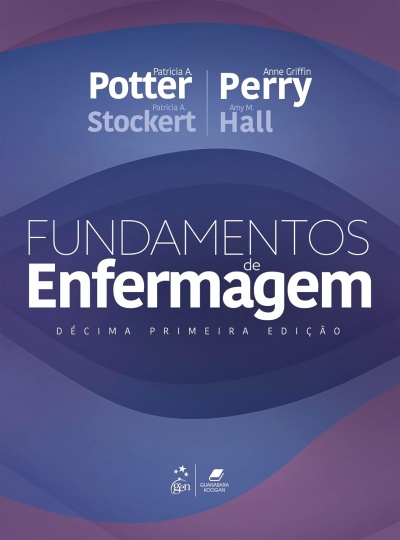 Capa do livro Fundamentos de Enfermagem em tons de azul e roxo com texto branco.